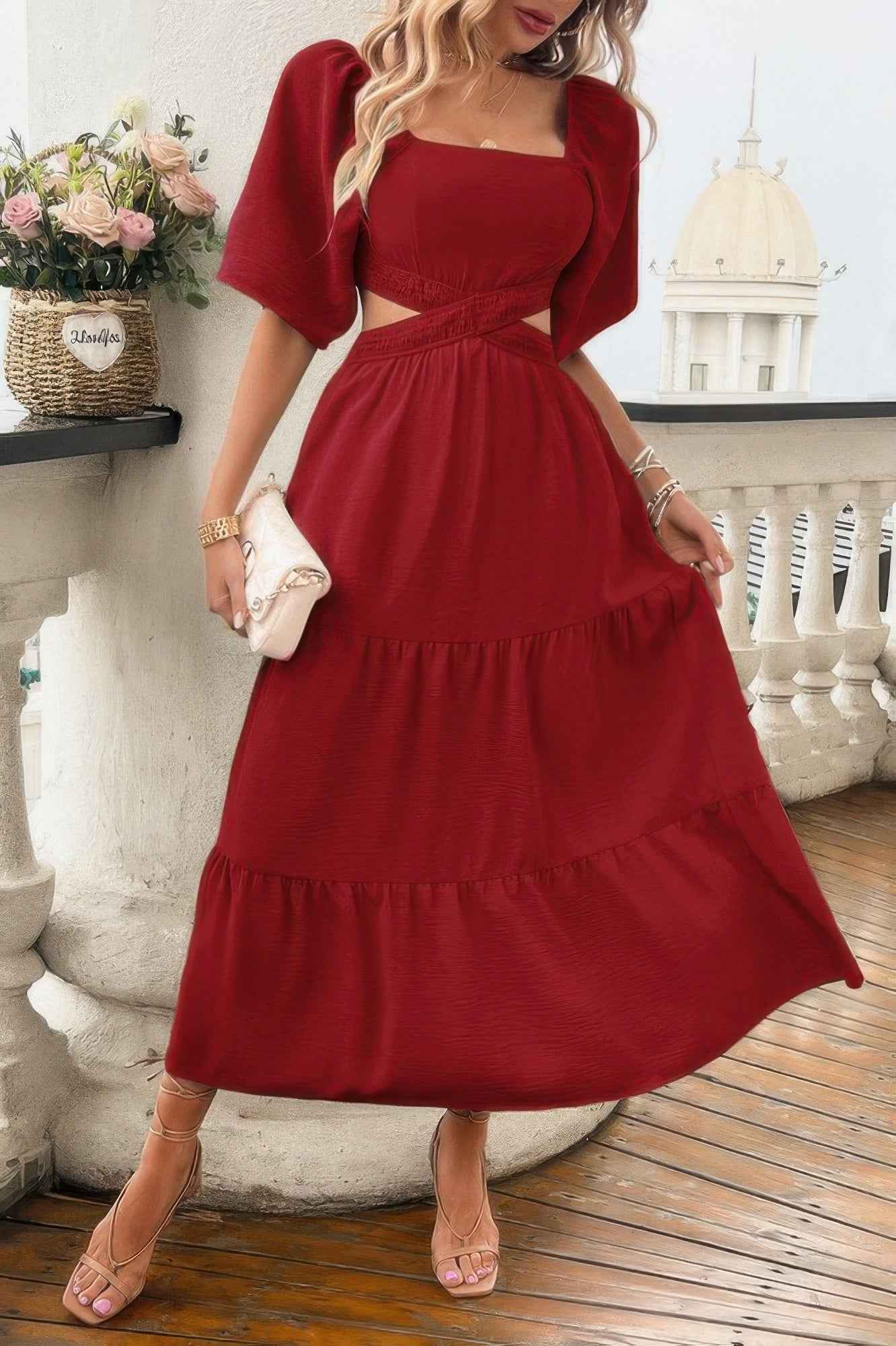 Solid Square Neck Cut Out Cross Ruffle Dress