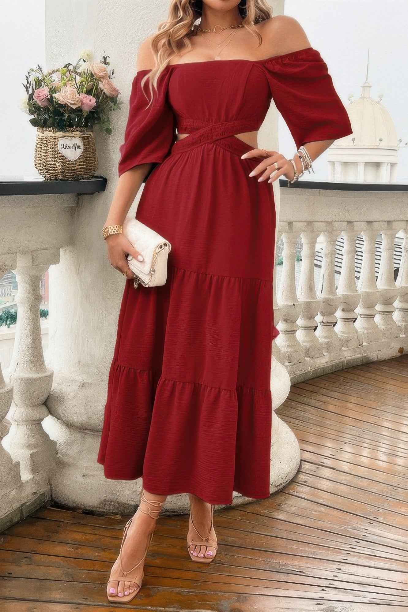 Solid Square Neck Cut Out Cross Ruffle Dress