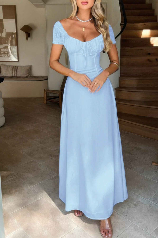 Deep Square Neck Drawstring Back Fit Dress