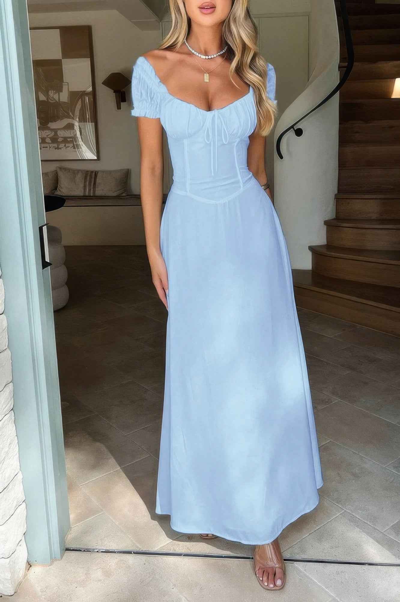 Deep Square Neck Drawstring Back Fit Dress