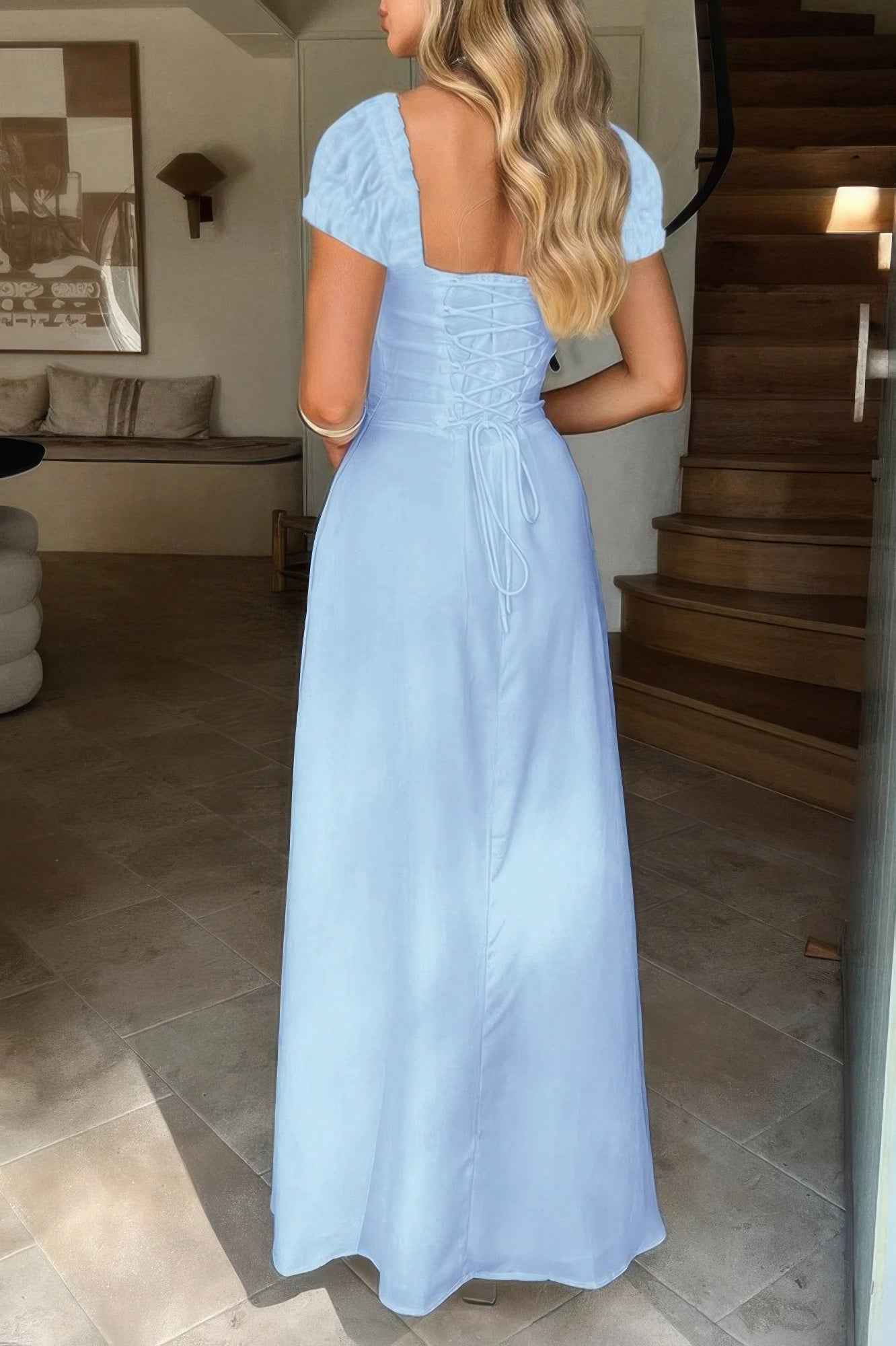 Deep Square Neck Drawstring Back Fit Dress