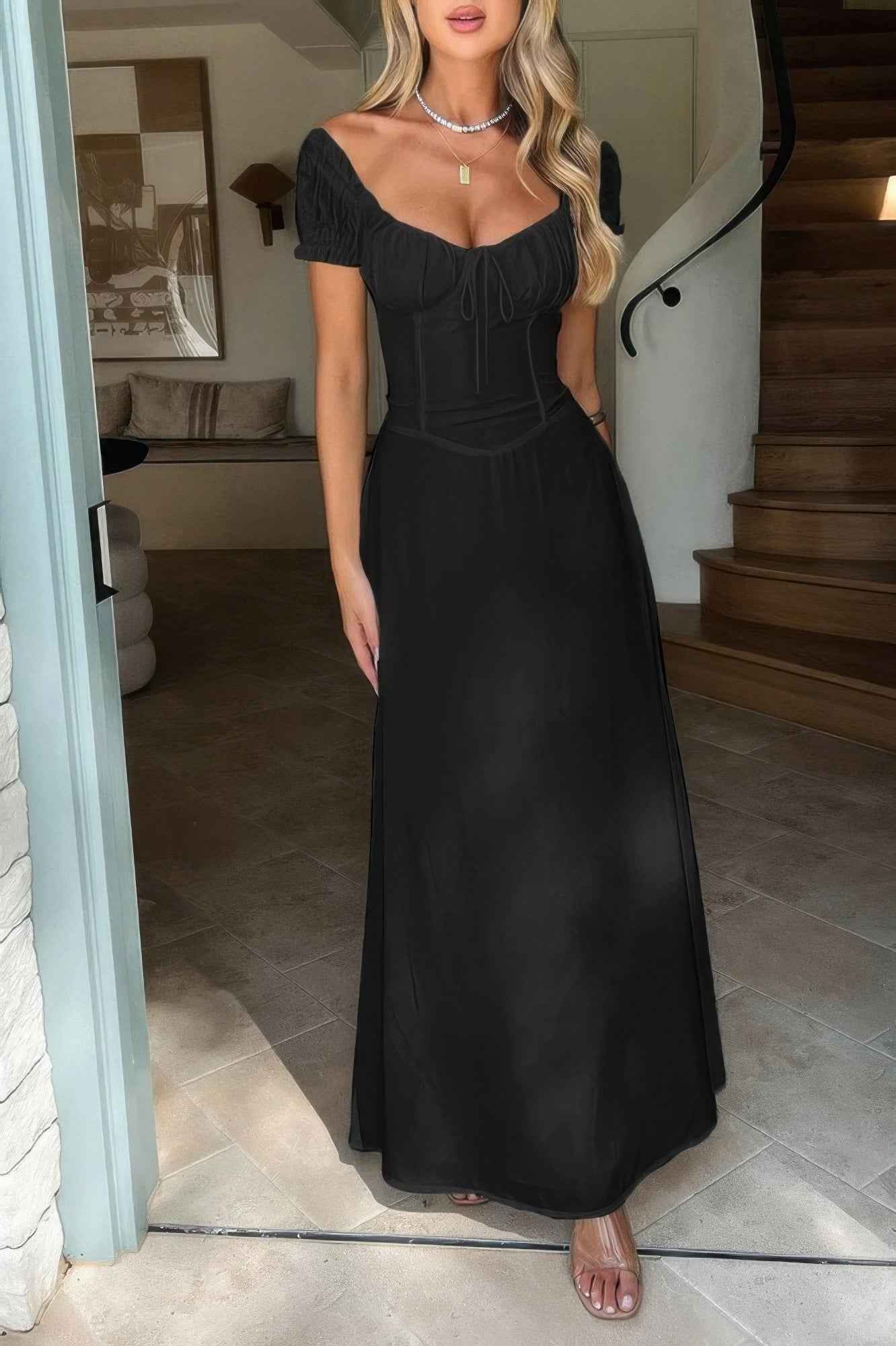 Deep Square Neck Drawstring Back Fit Dress