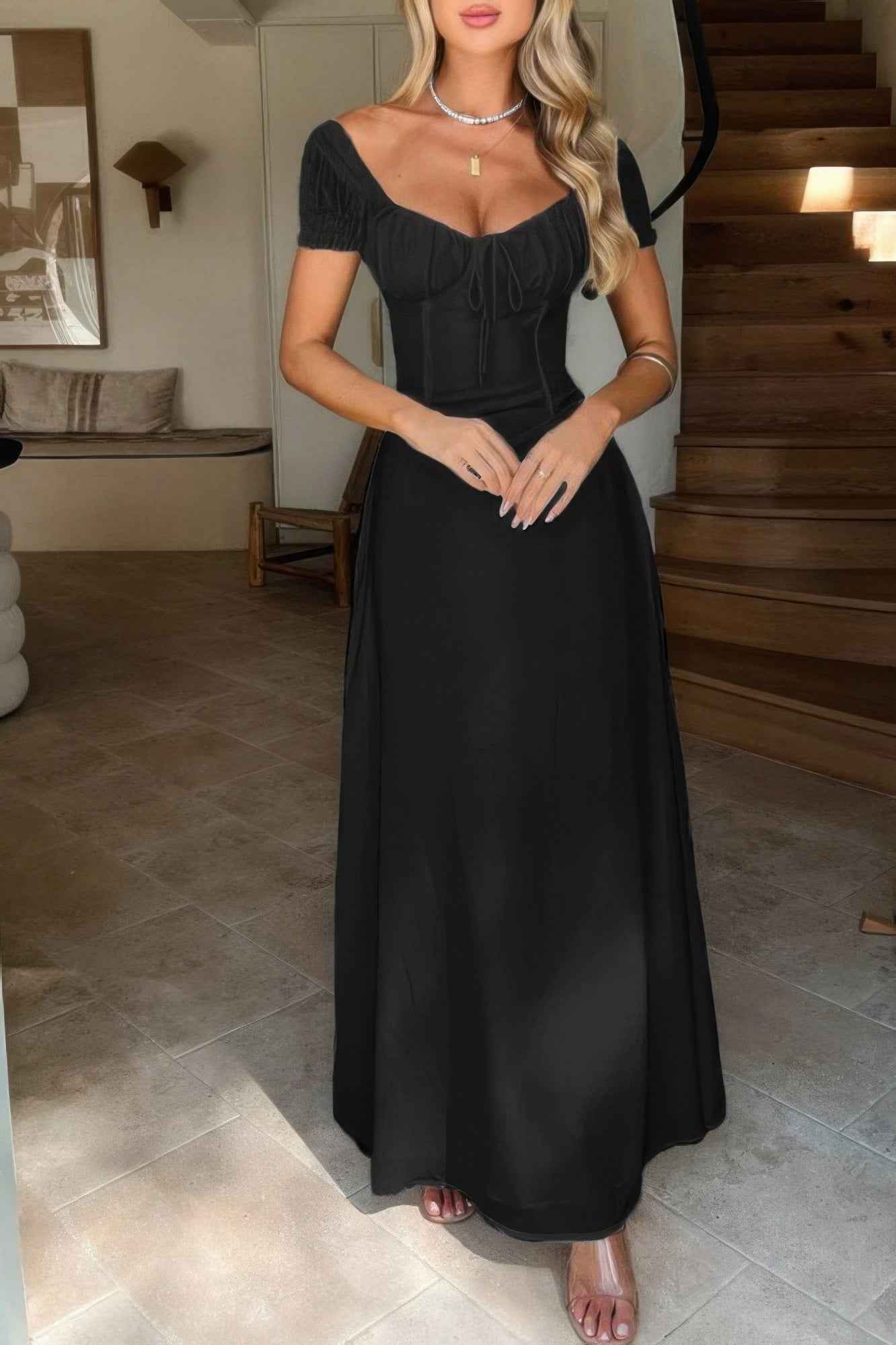 Deep Square Neck Drawstring Back Fit Dress