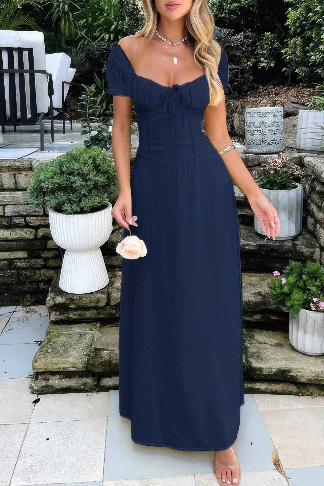 Deep Square Neck Drawstring Back Fit Dress