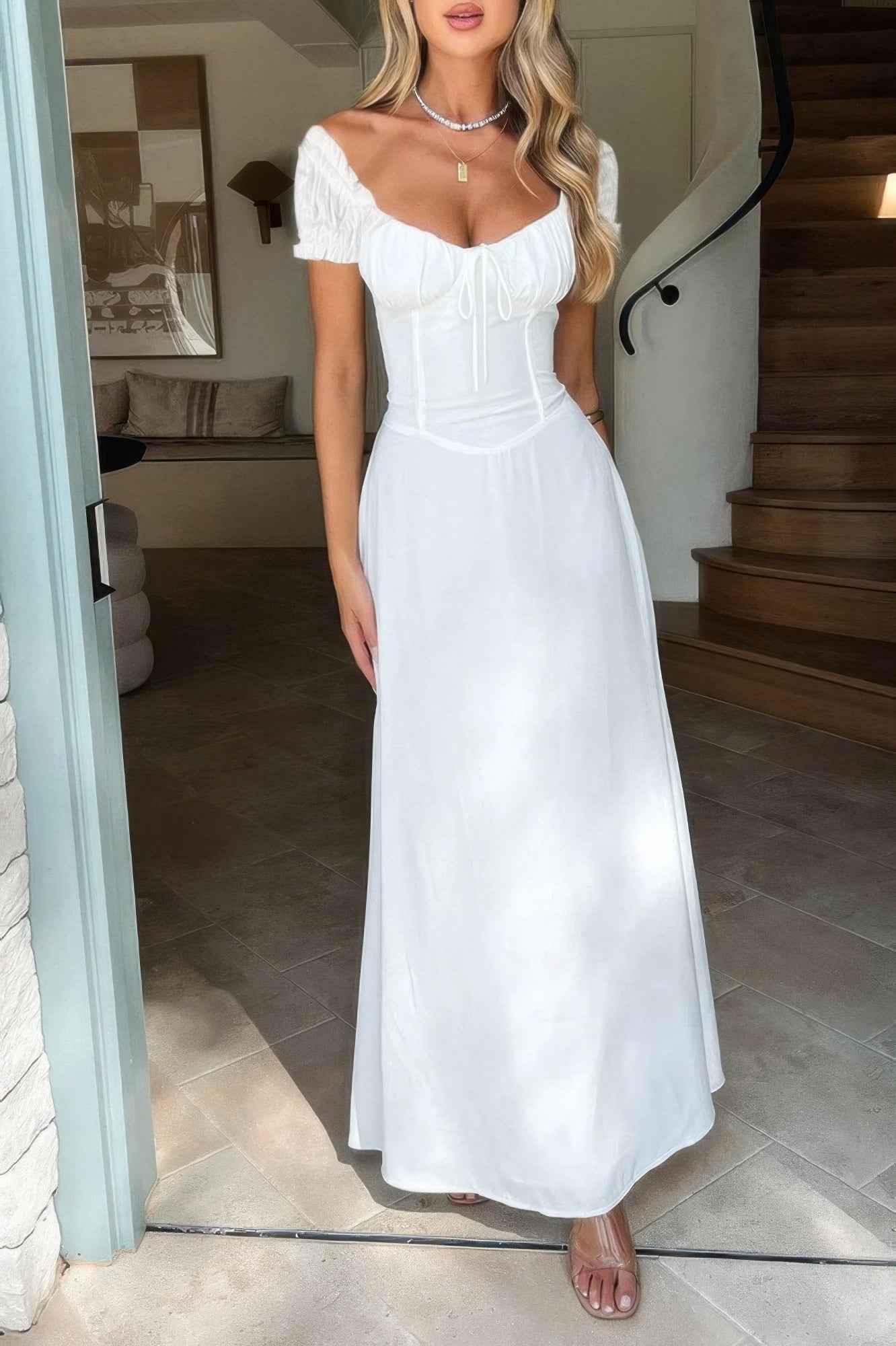 Deep Square Neck Drawstring Back Fit Dress