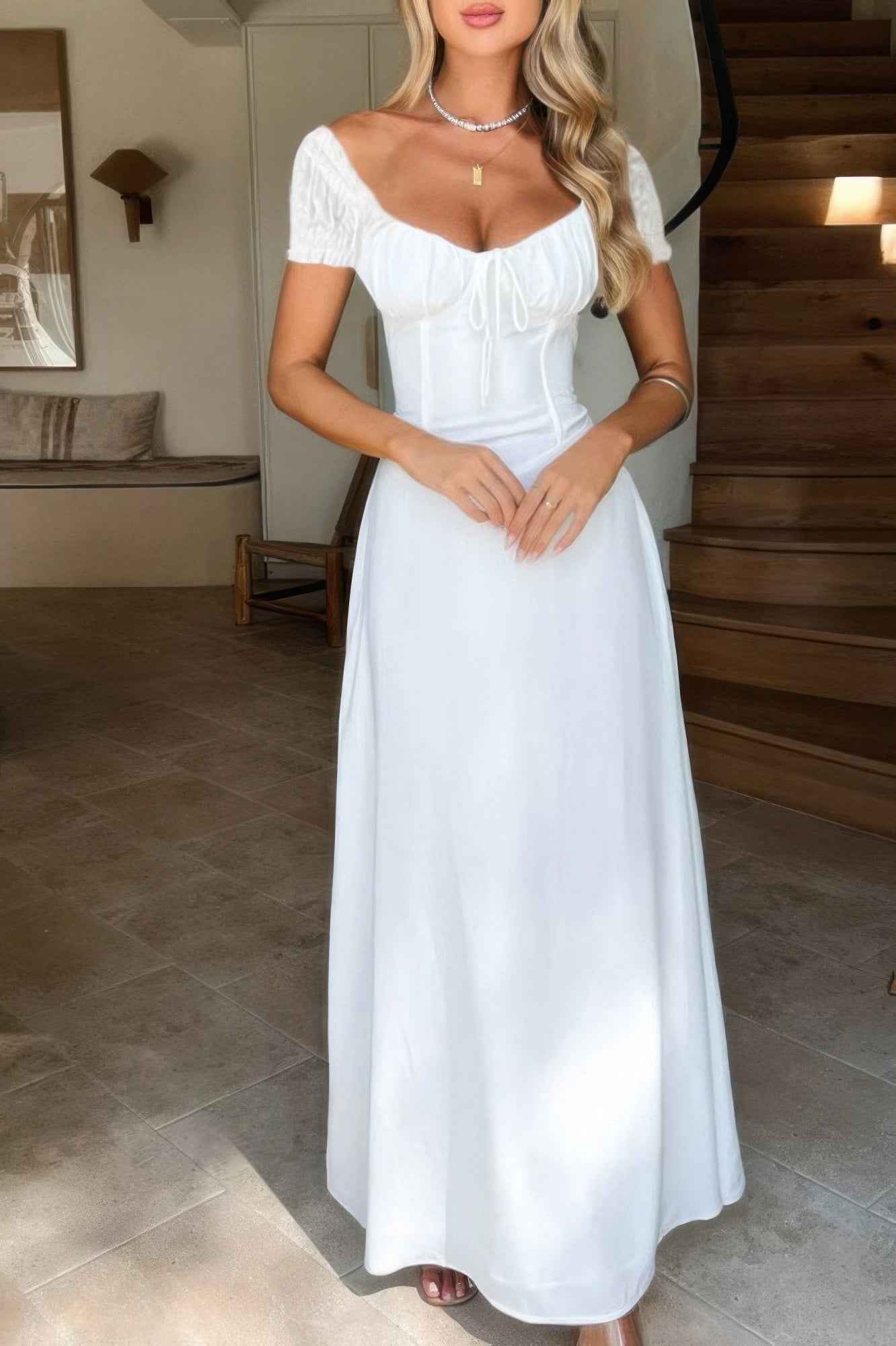 Deep Square Neck Drawstring Back Fit Dress