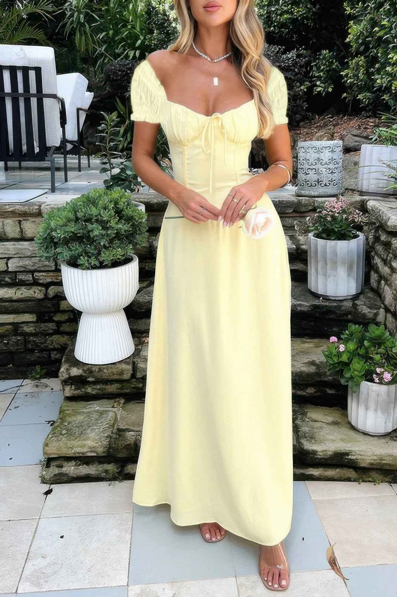 Deep Square Neck Drawstring Back Fit Dress