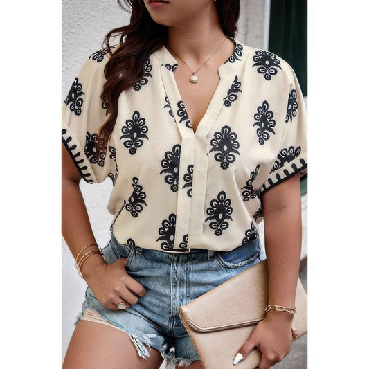 Plus Size Short Sleeve V Neck Printed Blouse