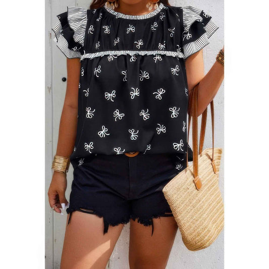 Plus Size Ruffle Hem Random Print Loose Shirt