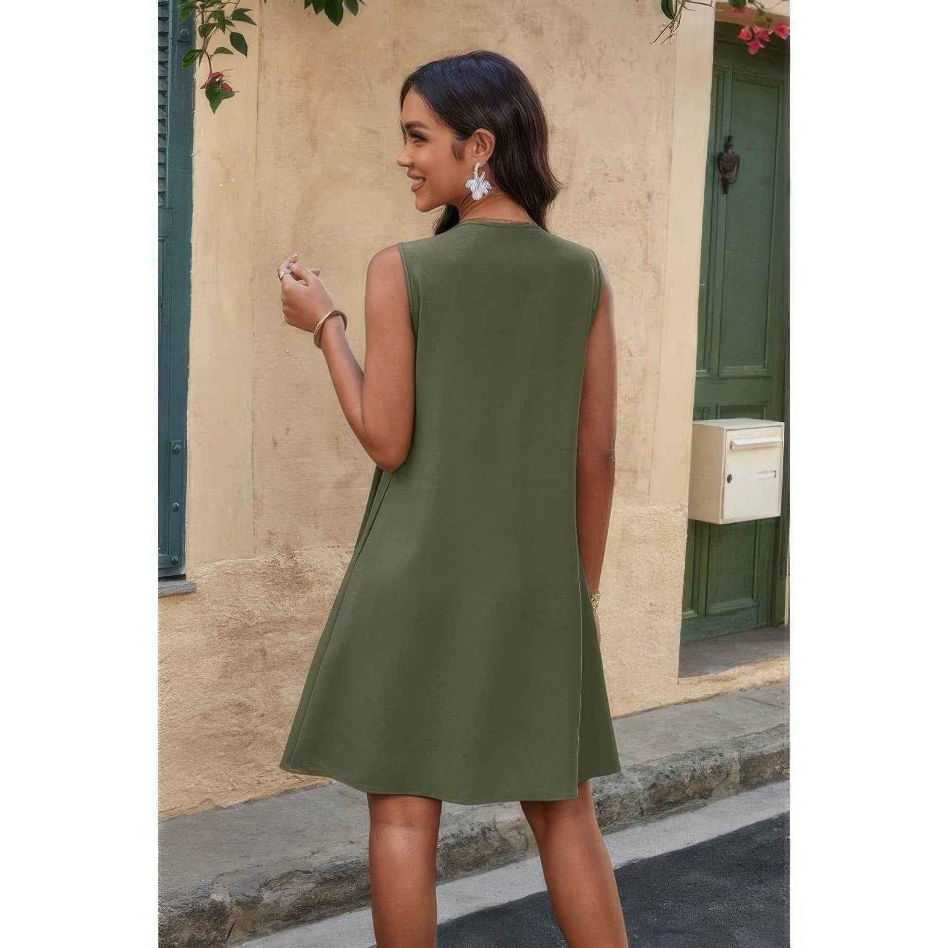 Round Neck Knot Cut Out Pleated Loose Fit Dress