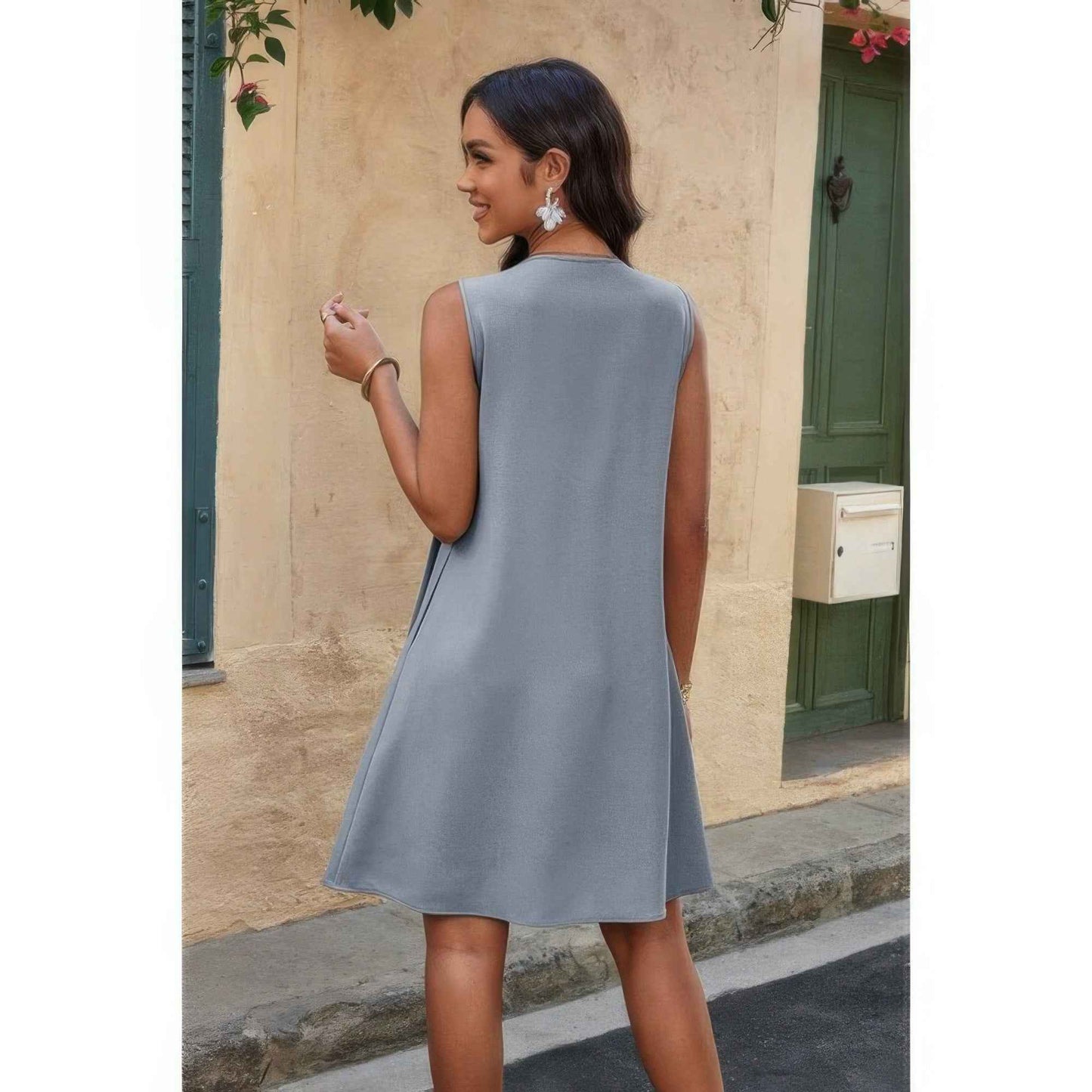 Round Neck Knot Cut Out Pleated Loose Fit Dress