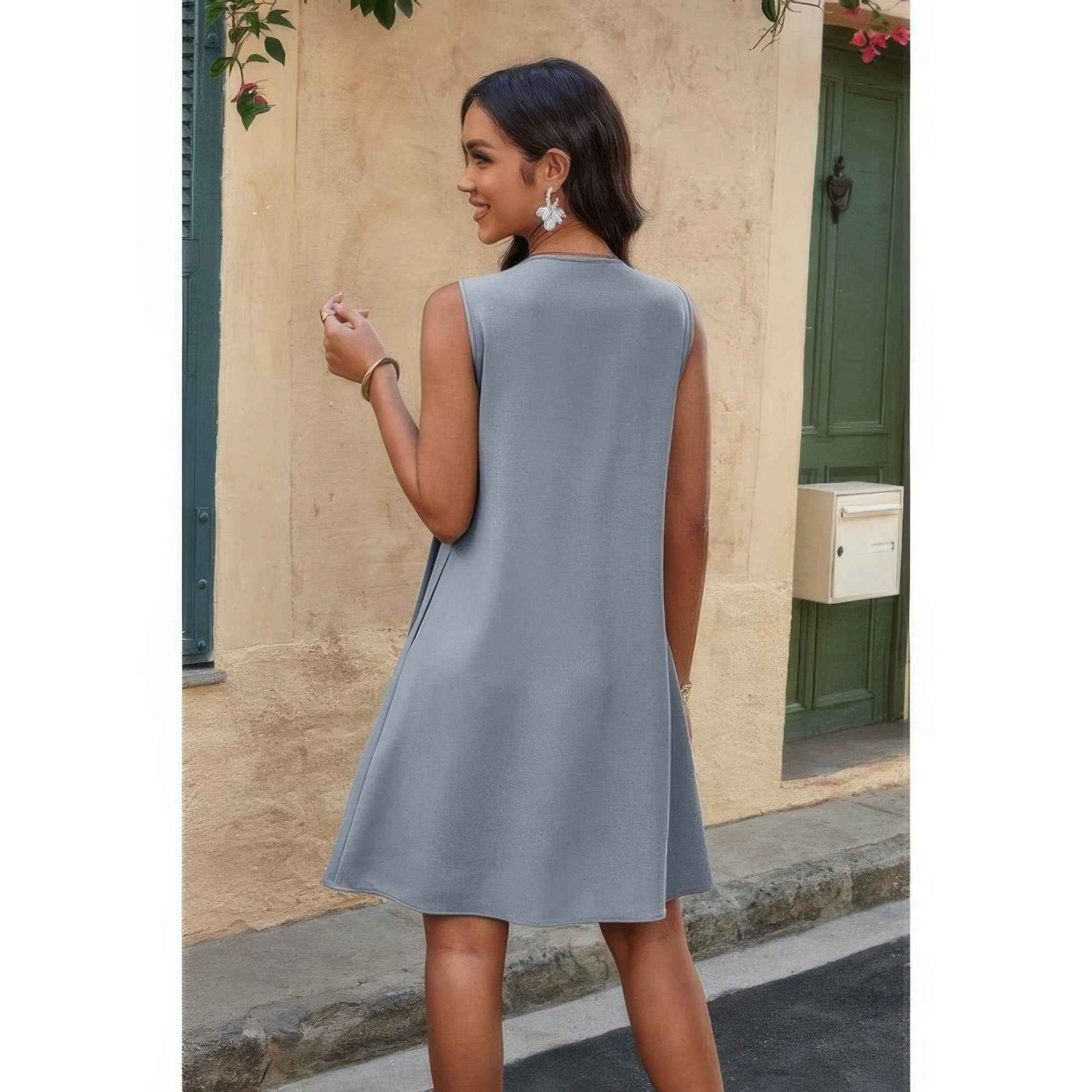 Round Neck Knot Cut Out Pleated Loose Fit Dress