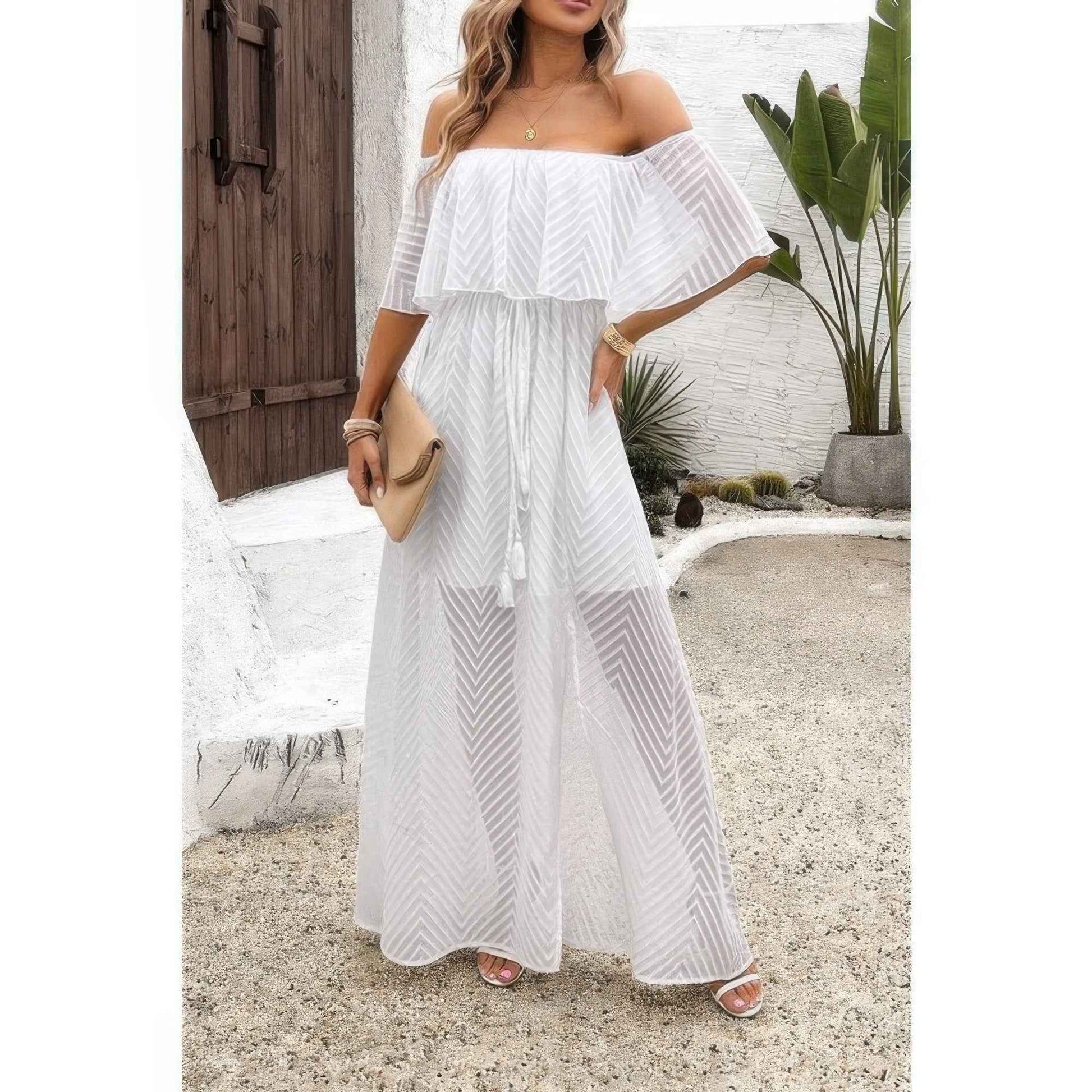 Off Shoulder Solid Tassel Ruffle Trim Split Dress