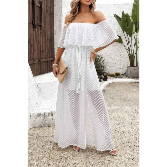 Off Shoulder Solid Tassel Ruffle Trim Split Dress