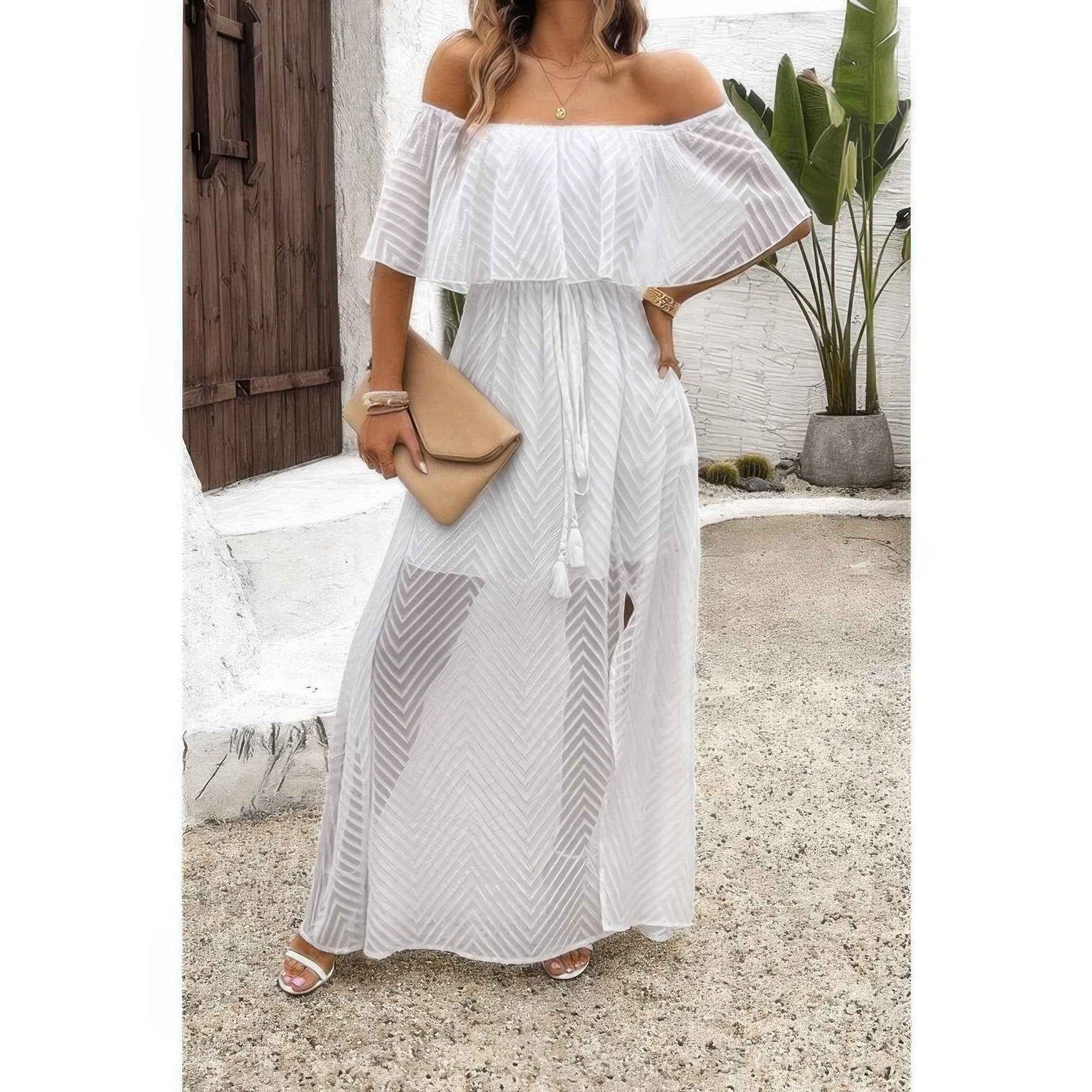 Off Shoulder Solid Tassel Ruffle Trim Split Dress