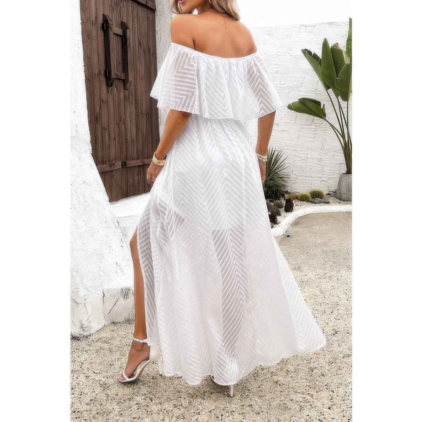 Off Shoulder Solid Tassel Ruffle Trim Split Dress