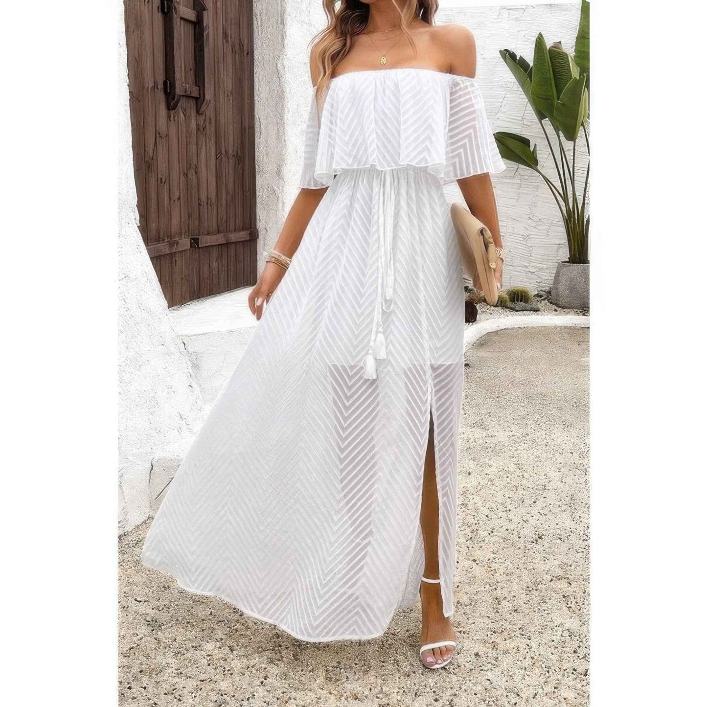 Off Shoulder Solid Tassel Ruffle Trim Split Dress