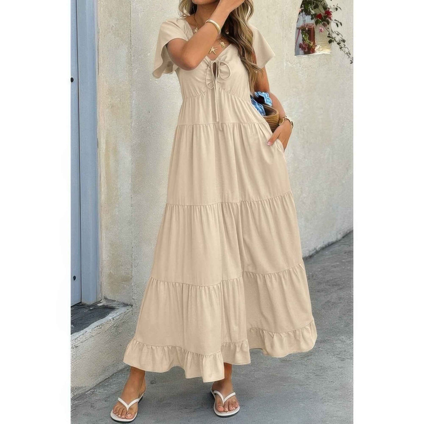 Cross Knot Color Block Pockets A Line Dress