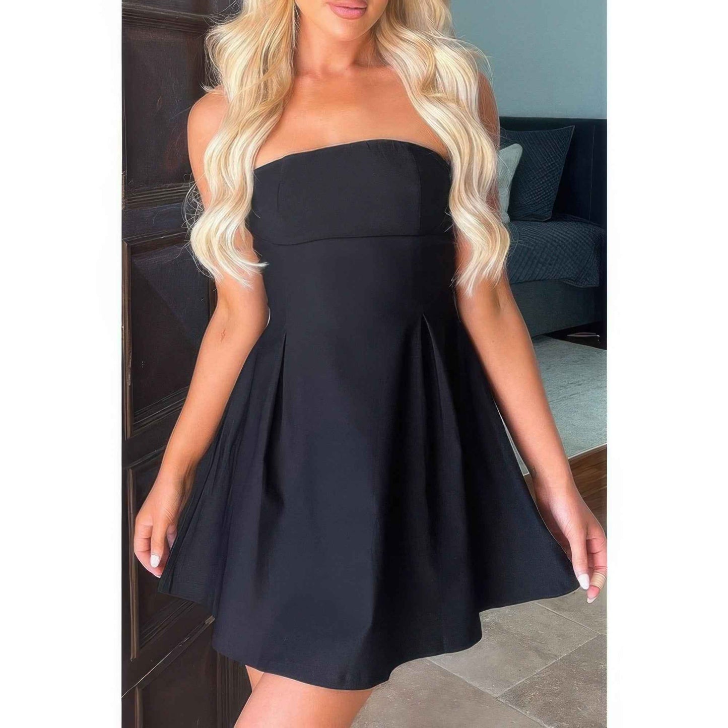 Off Shoulder Open Back Knot Pleated Mini Dress