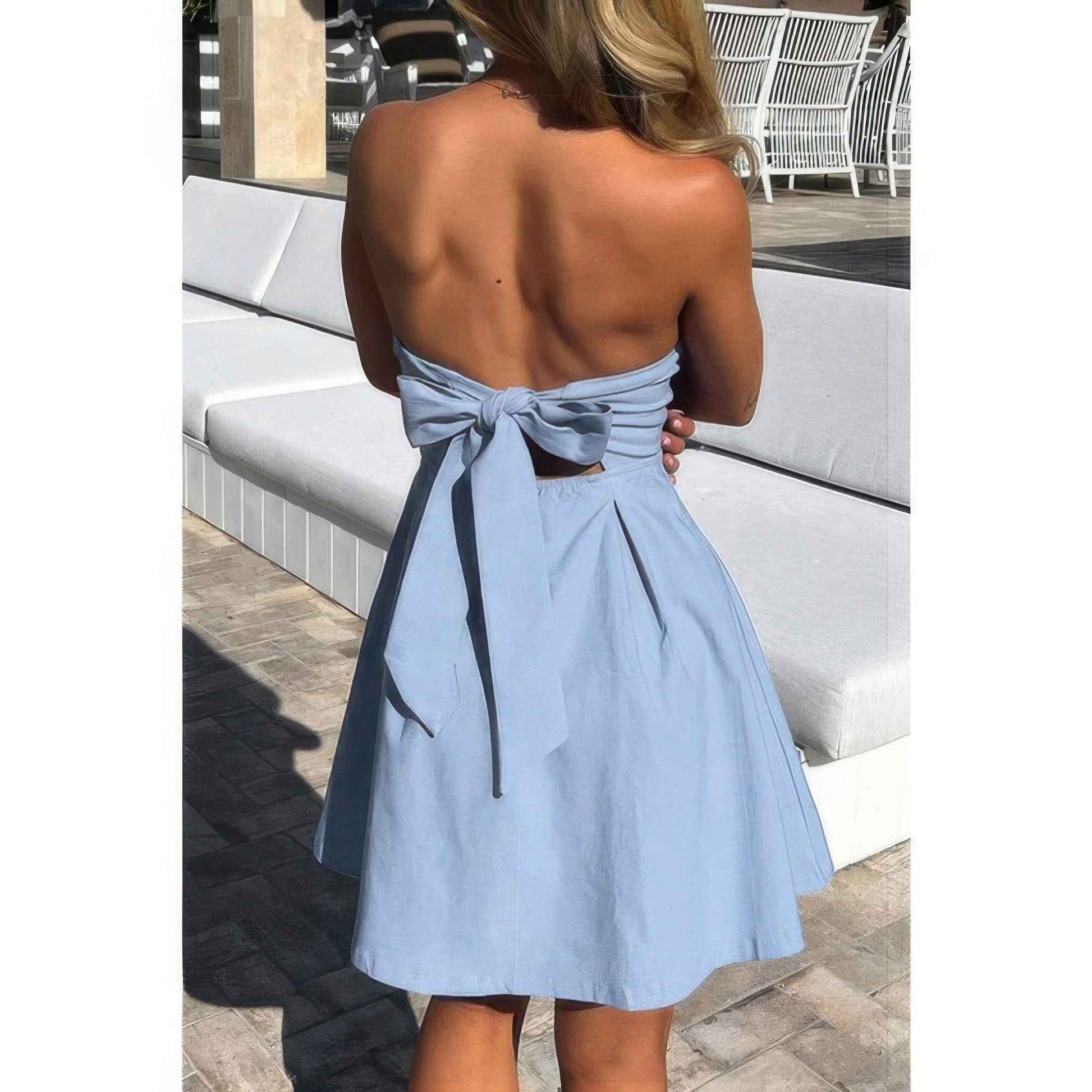 Off Shoulder Open Back Knot Pleated Mini Dress