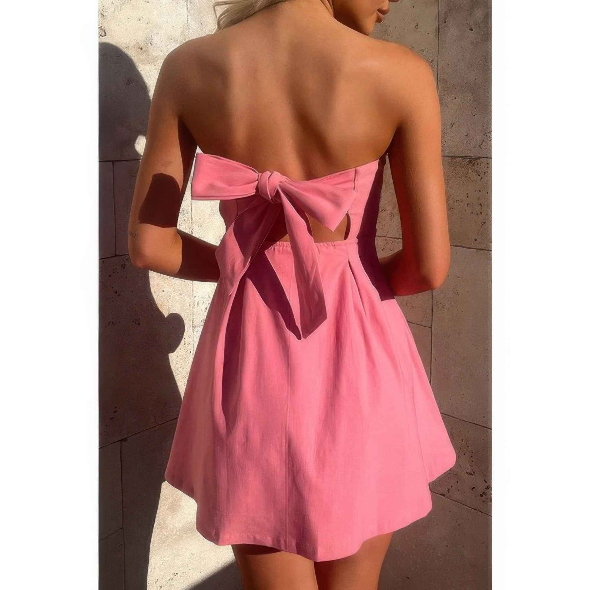 Off Shoulder Open Back Knot Pleated Mini Dress