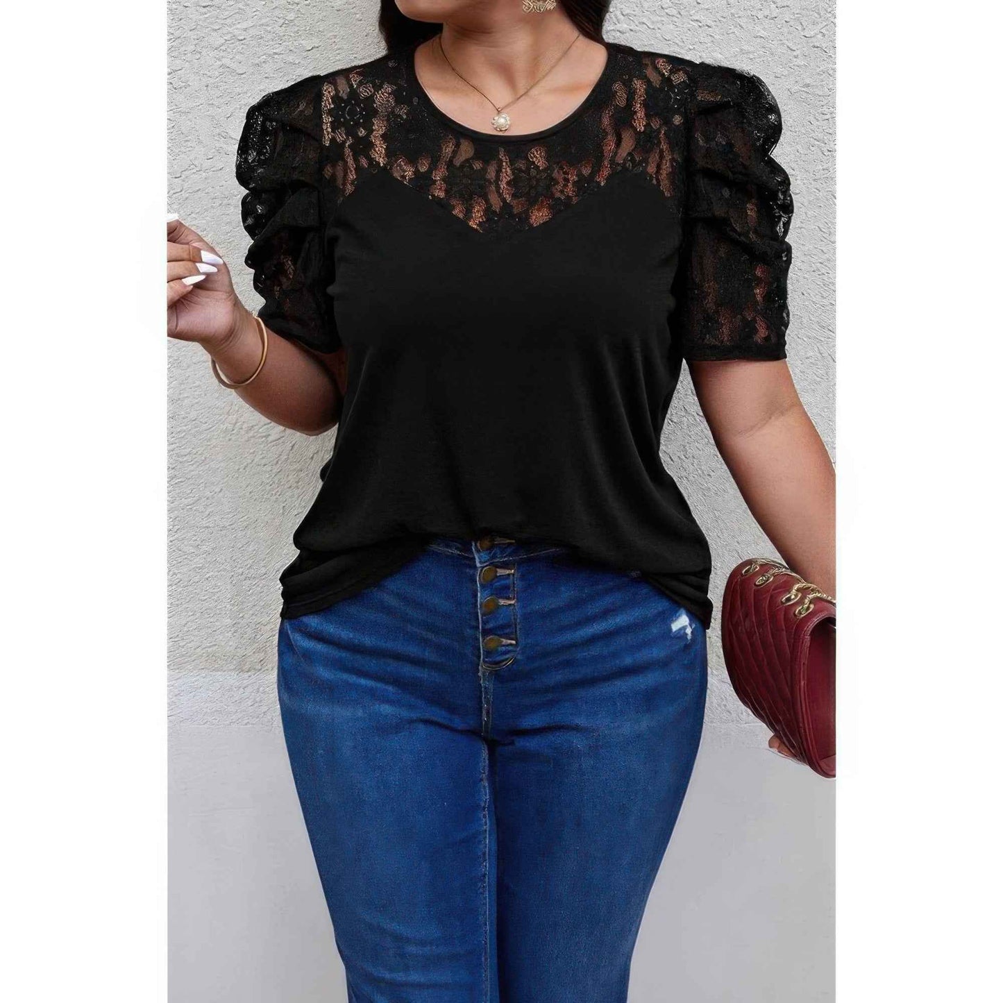 Solid Lace Ruffle Sleeve Hollow Out Elegant Shirt