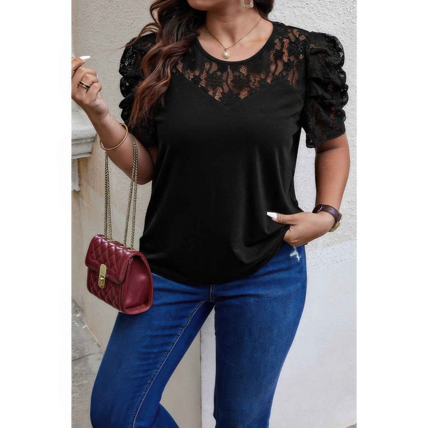 Solid Lace Ruffle Sleeve Hollow Out Elegant Shirt