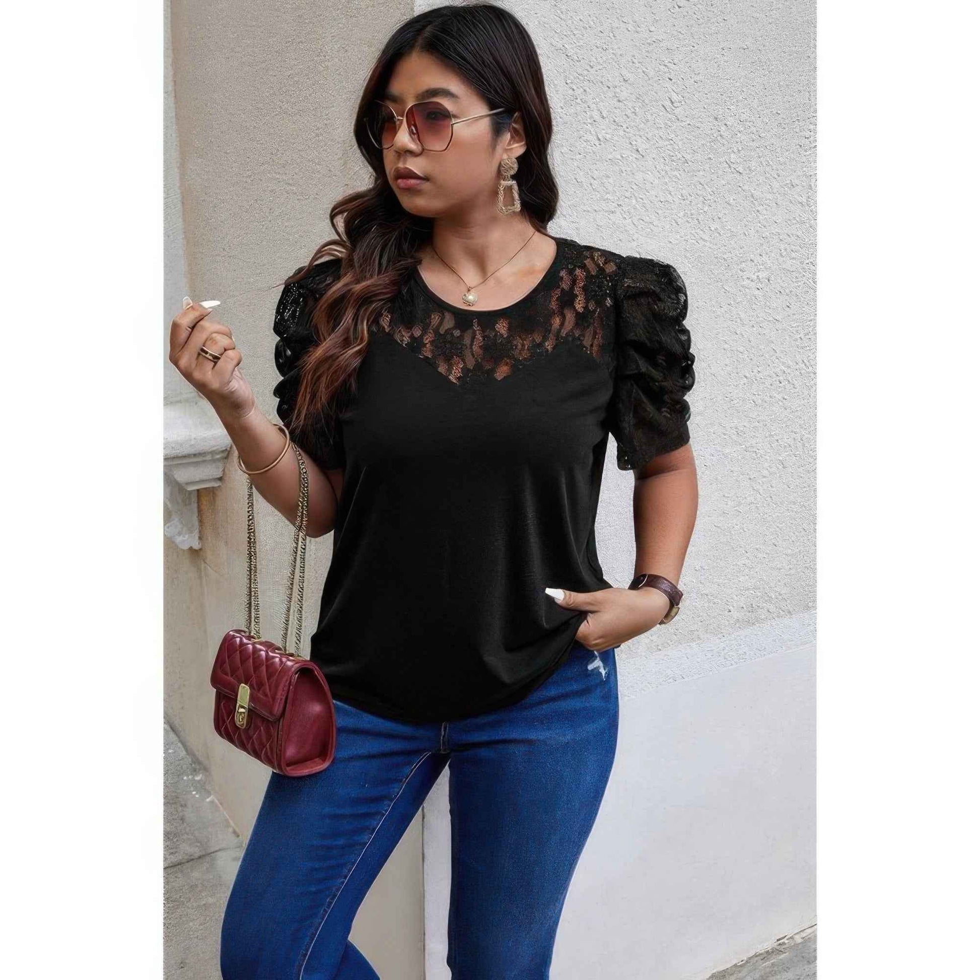 Solid Lace Ruffle Sleeve Hollow Out Elegant Shirt