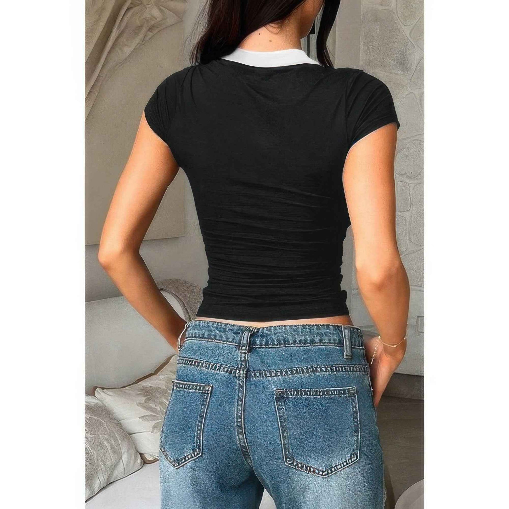 Color Block Polo Collar V Neck Slim Fit Shirt