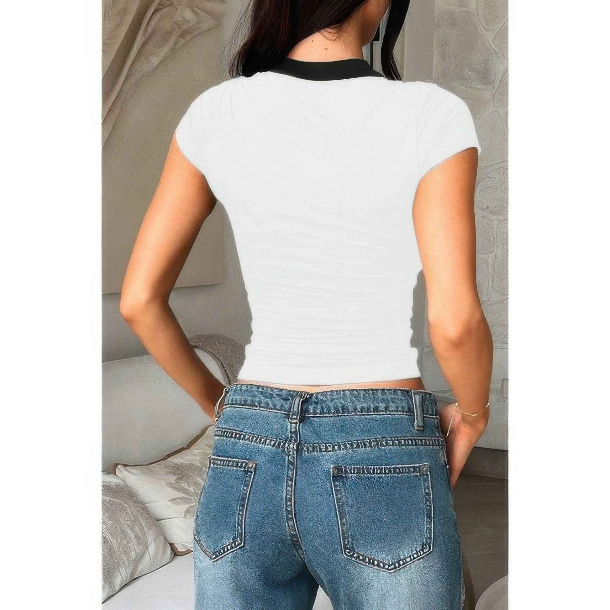 Color Block Polo Collar V Neck Slim Fit Shirt