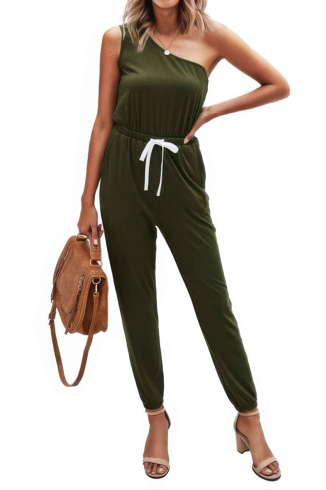 One Shoulder Sleeveless Elastic Waist Jumpsuit