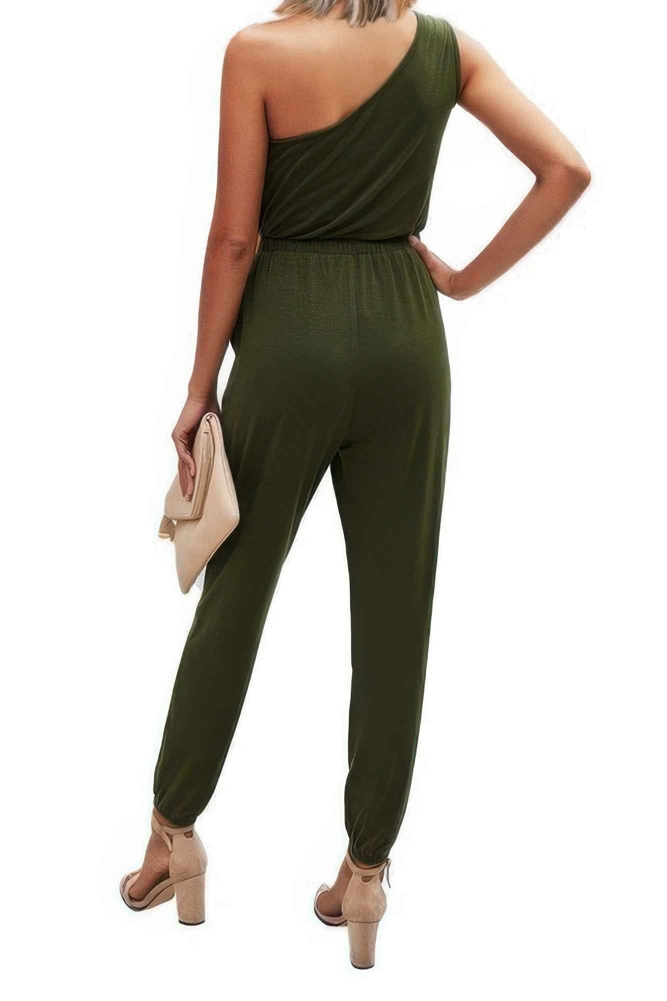 One Shoulder Sleeveless Elastic Waist Jumpsuit