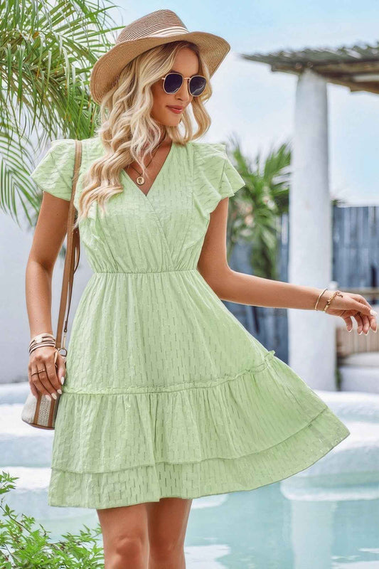 Cut Out Sleeveless Ruffle Trim V Neck Fit Dress
