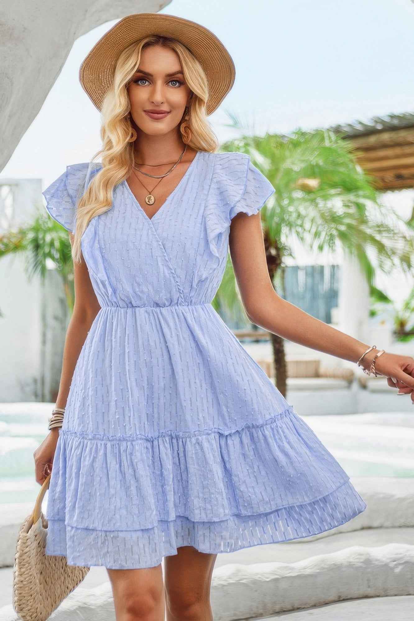 Cut Out Sleeveless Ruffle Trim V Neck Fit Dress