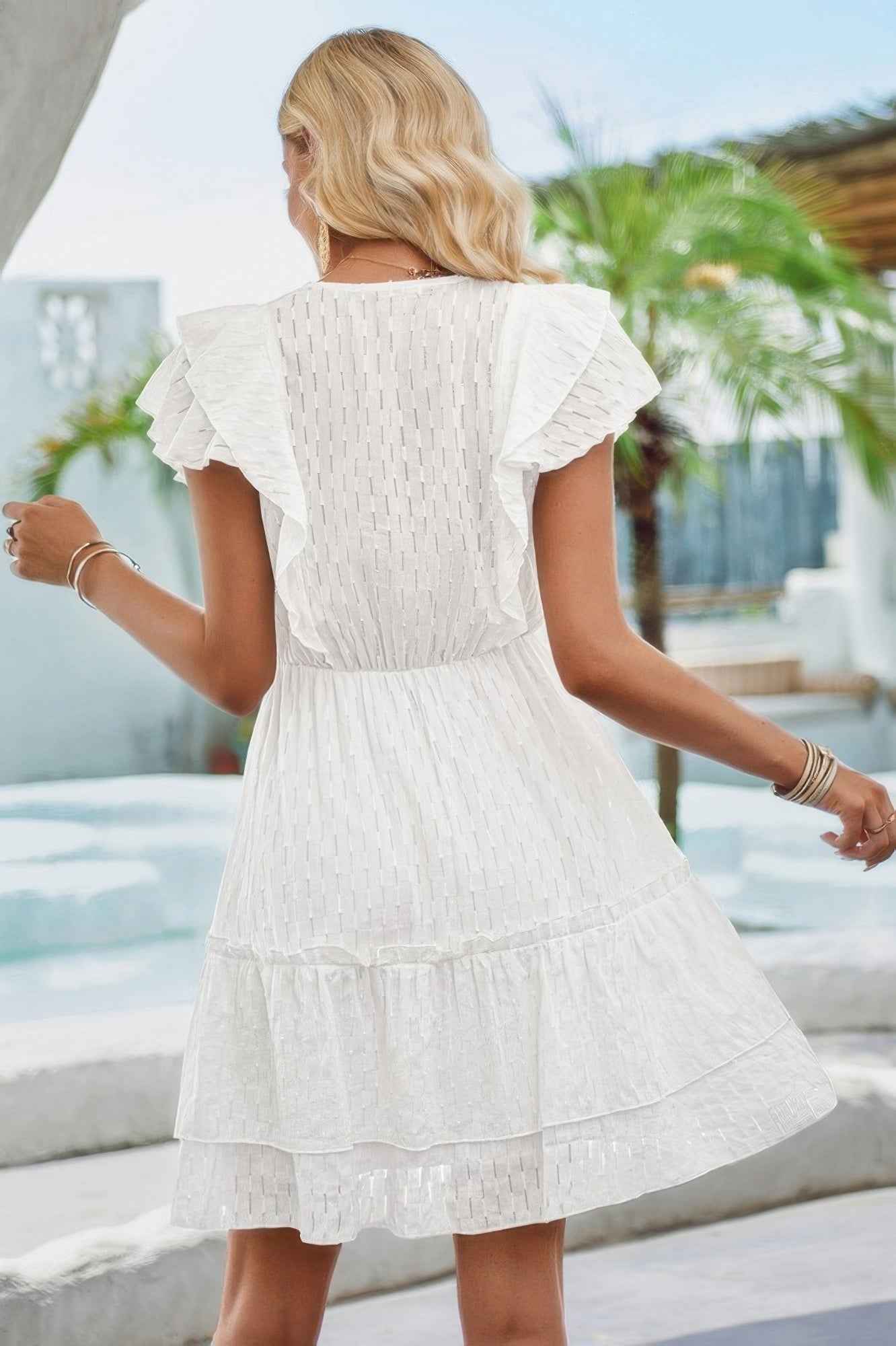 Cut Out Sleeveless Ruffle Trim V Neck Fit Dress