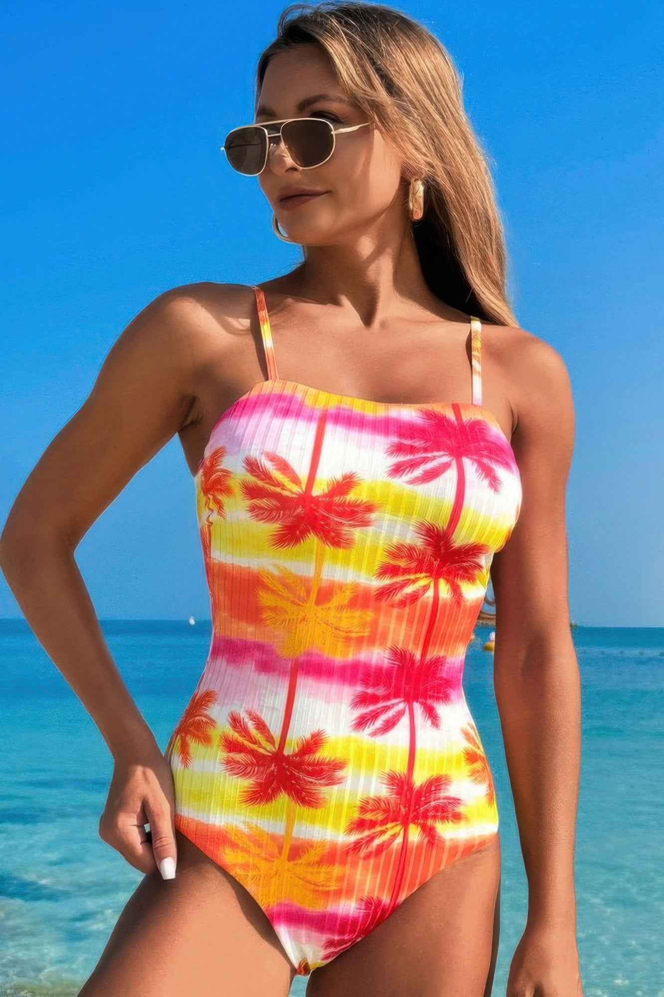 Plant Printed Adjustable Spaghetti Strap Swimsuit