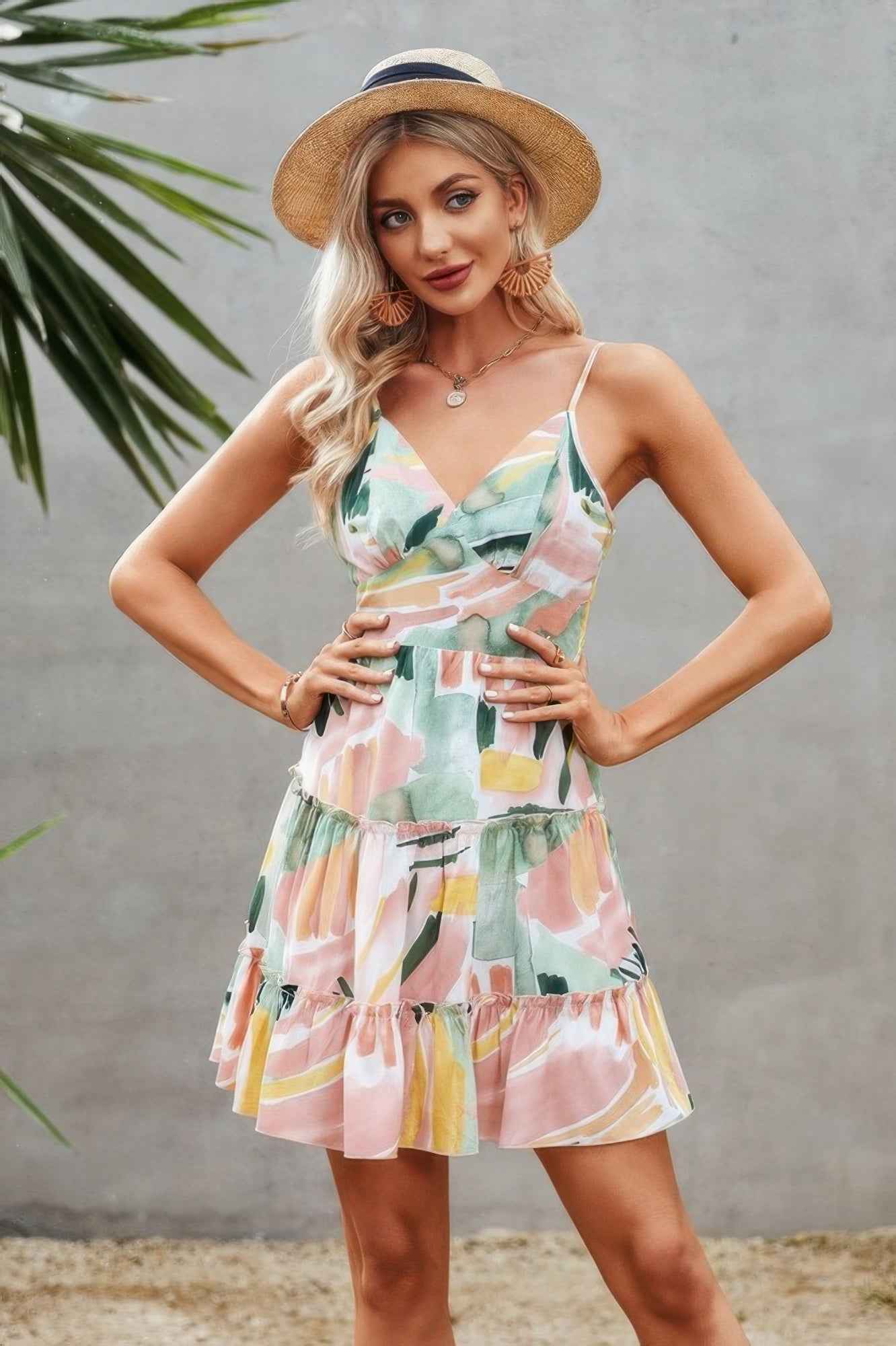 Tie Dye V Neck Sleeveless Ruffle Hem A Line Dress