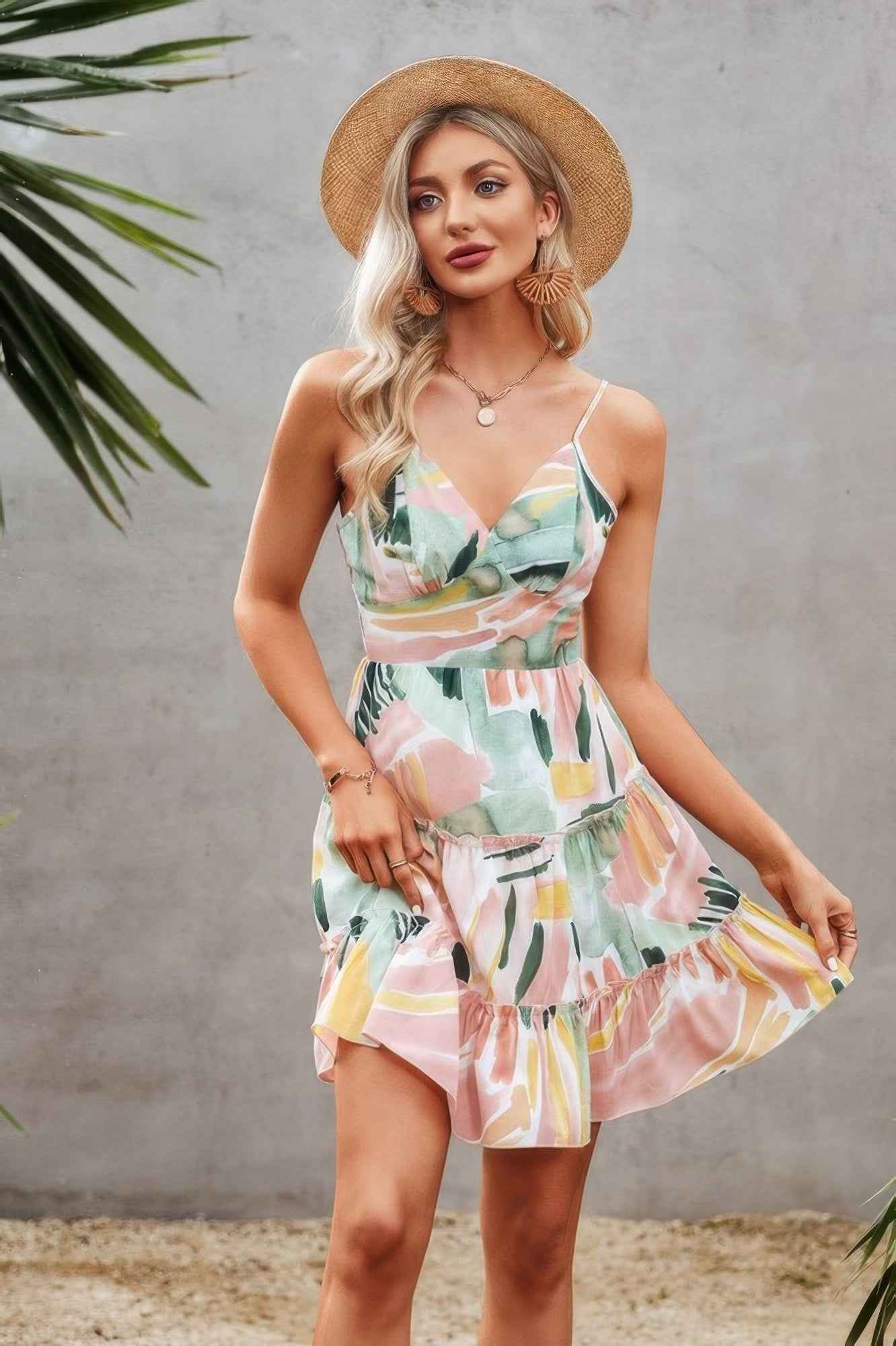 Tie Dye V Neck Sleeveless Ruffle Hem A Line Dress