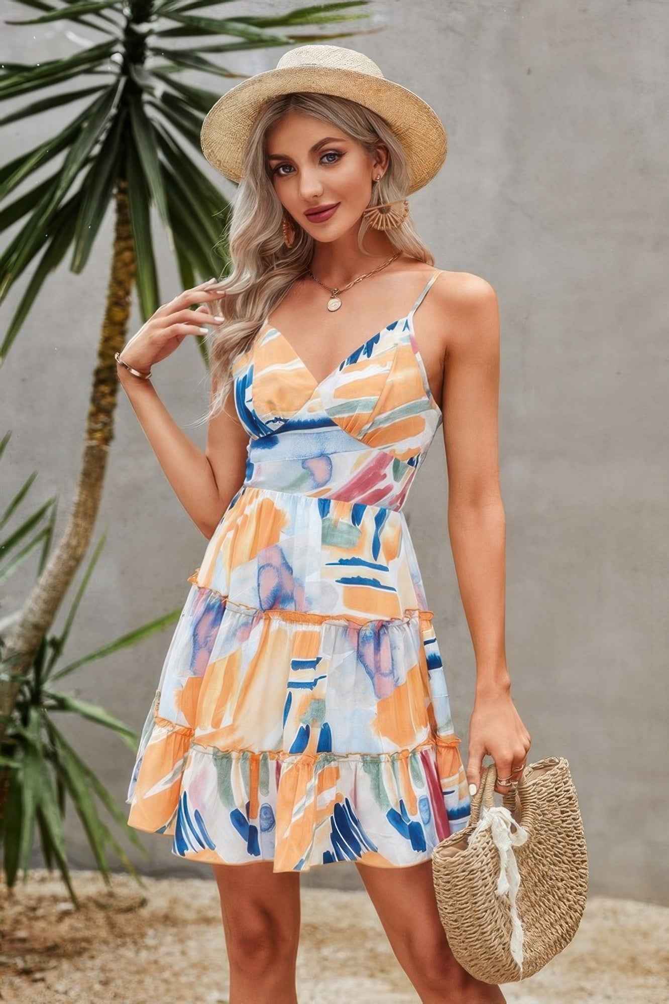 Tie Dye V Neck Sleeveless Ruffle Hem A Line Dress