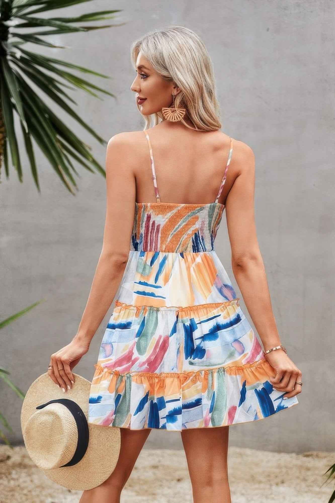 Tie Dye V Neck Sleeveless Ruffle Hem A Line Dress