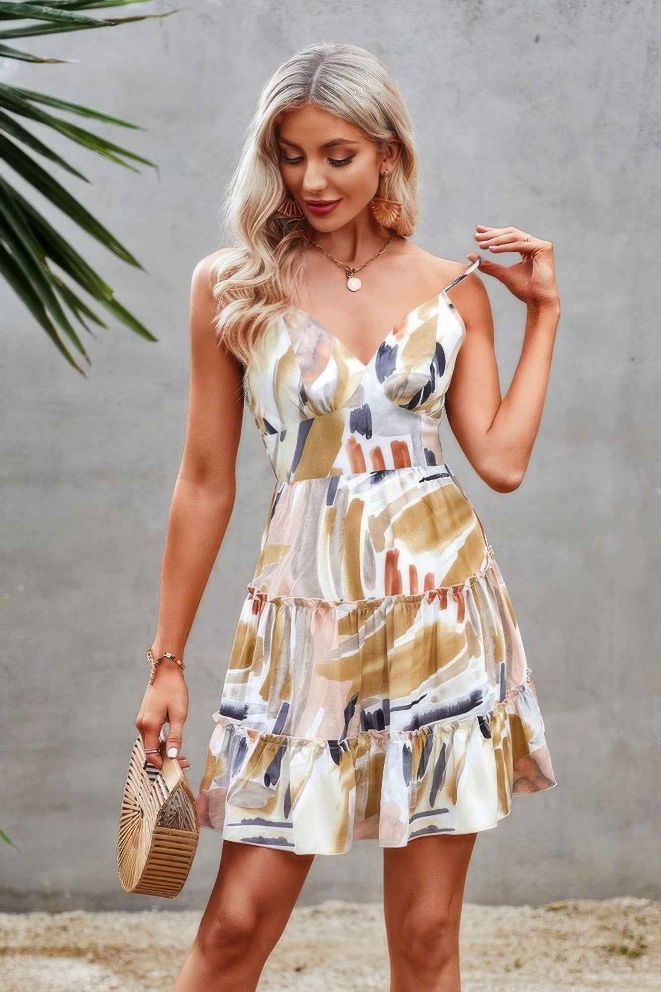 Tie Dye V Neck Sleeveless Ruffle Hem A Line Dress