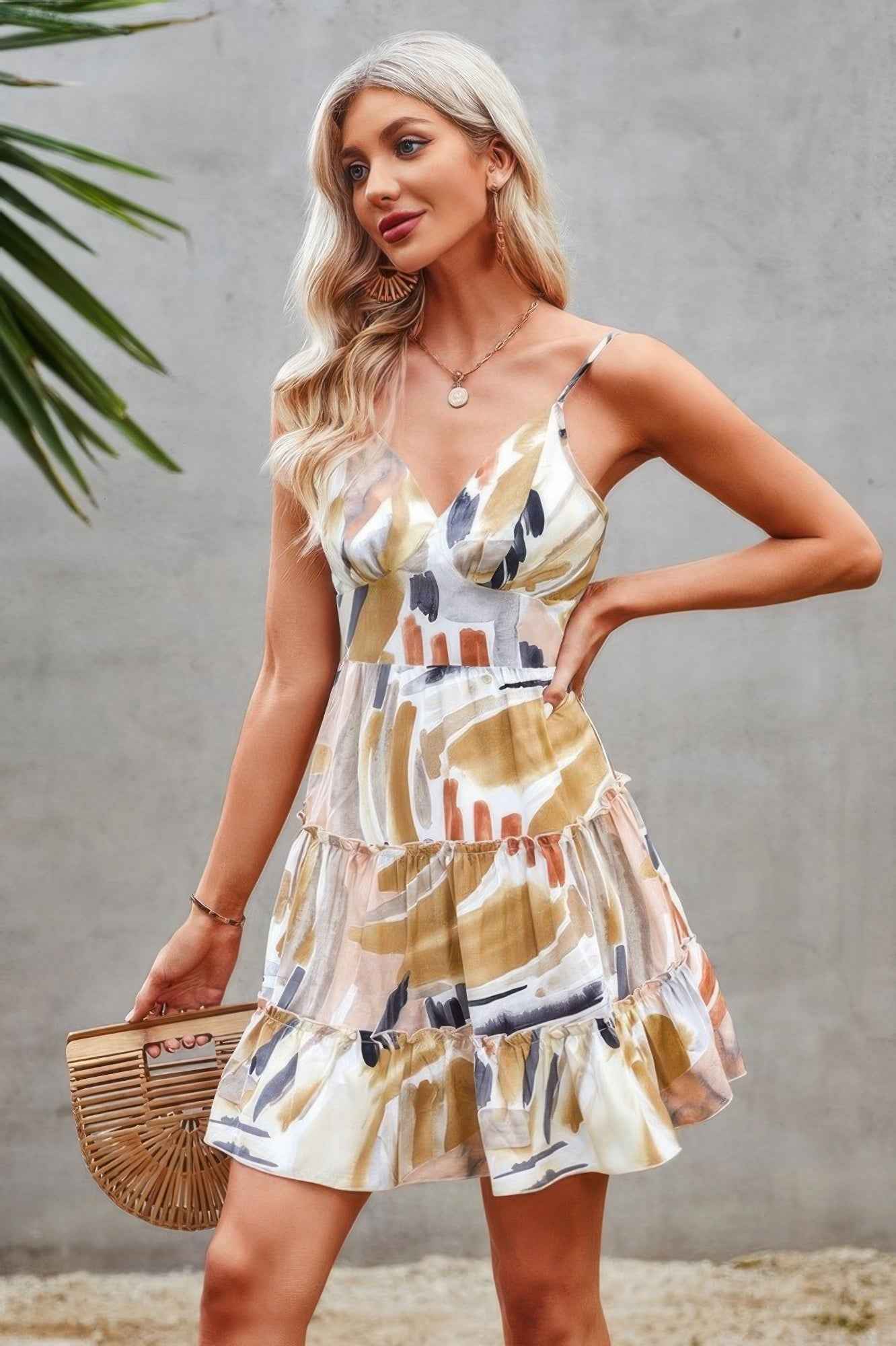 Tie Dye V Neck Sleeveless Ruffle Hem A Line Dress