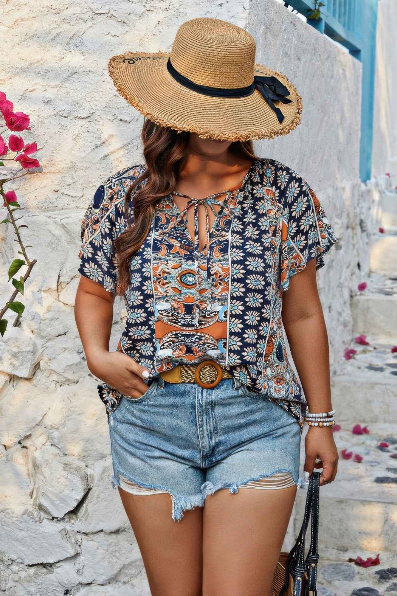 Plus Size Allover Printed Tie Front Short Sleeve Blouse