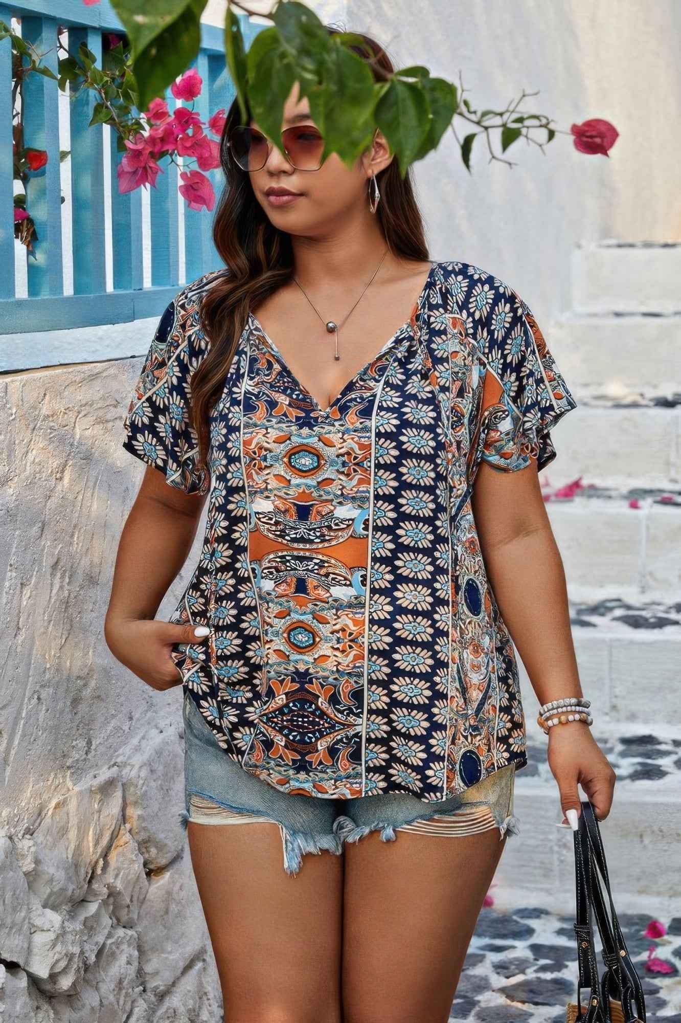 Plus Size Allover Printed Tie Front Short Sleeve Blouse
