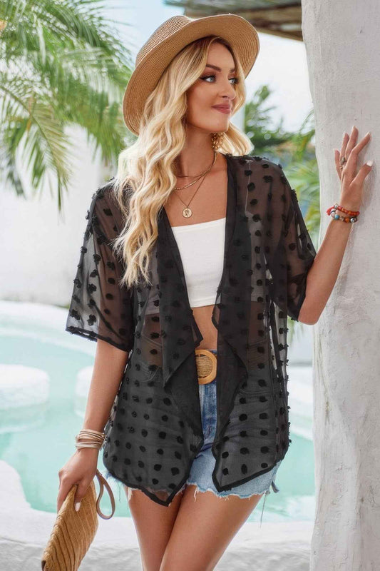 Draped Collar Swiss Dot Cover Up Cardigan Top