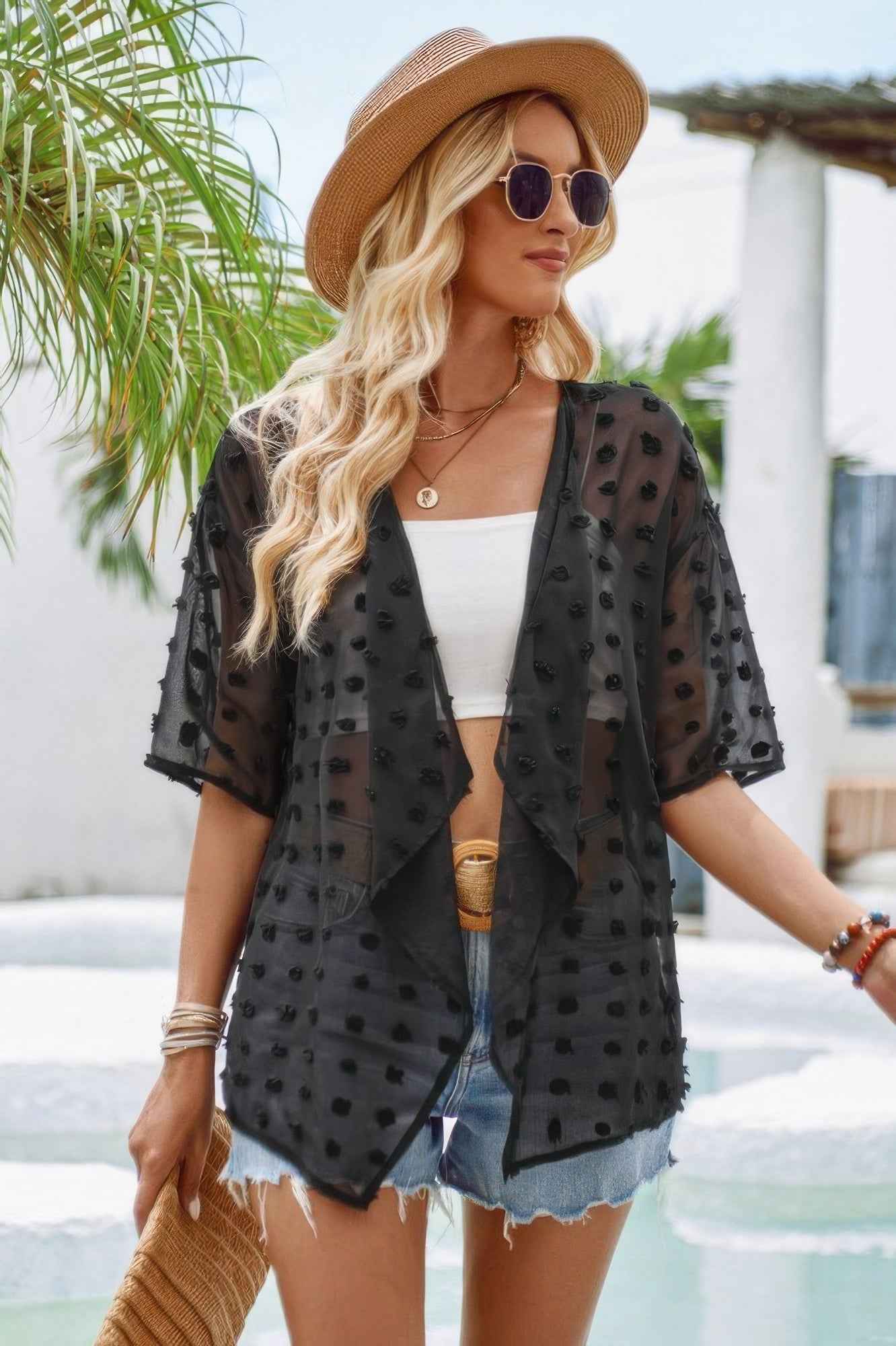 Draped Collar Swiss Dot Cover Up Cardigan Top