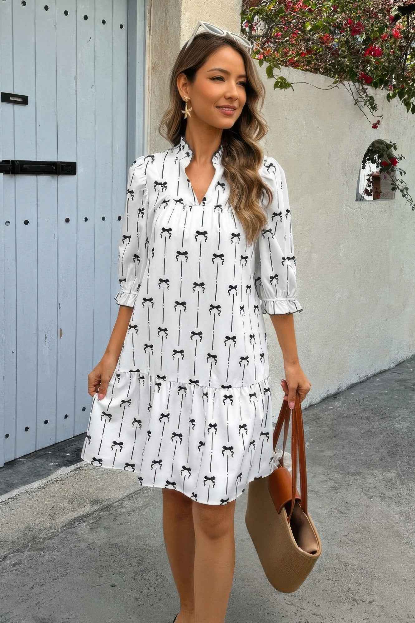 A Line Bow Ruffle V Neck Loose Fit Dress