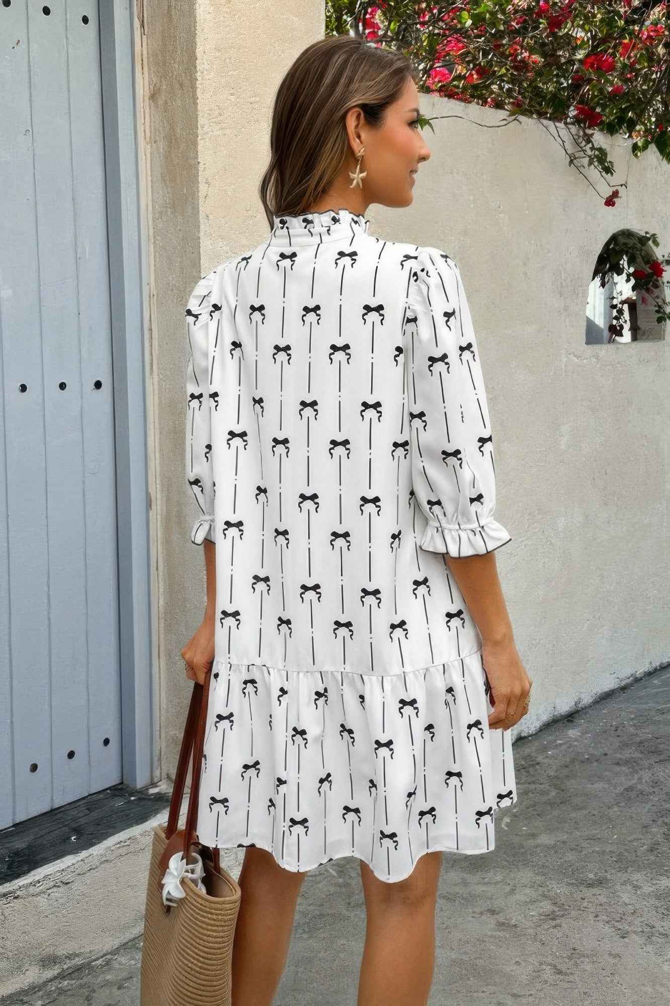 A Line Bow Ruffle V Neck Loose Fit Dress