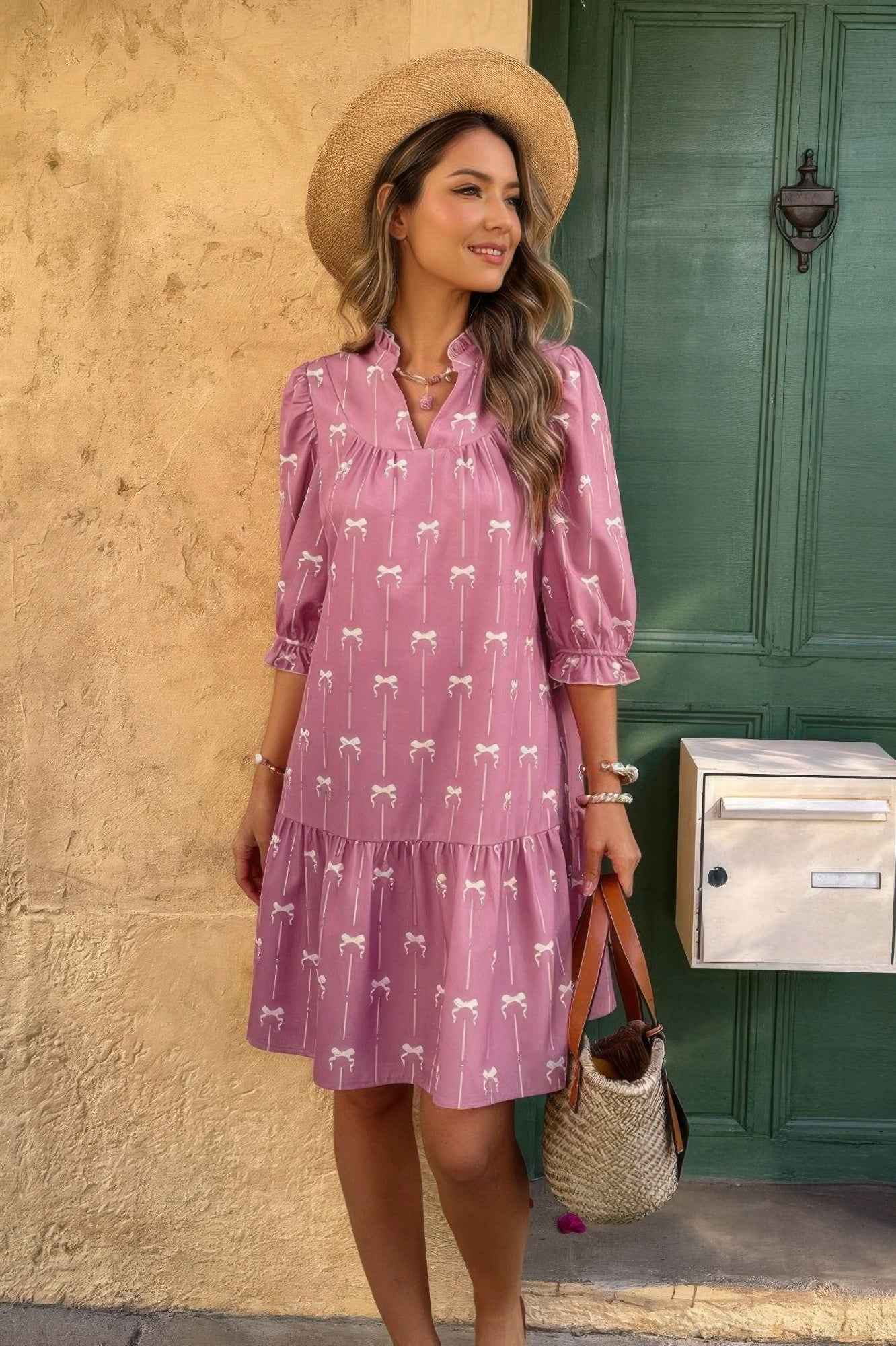 A Line Bow Ruffle V Neck Loose Fit Dress