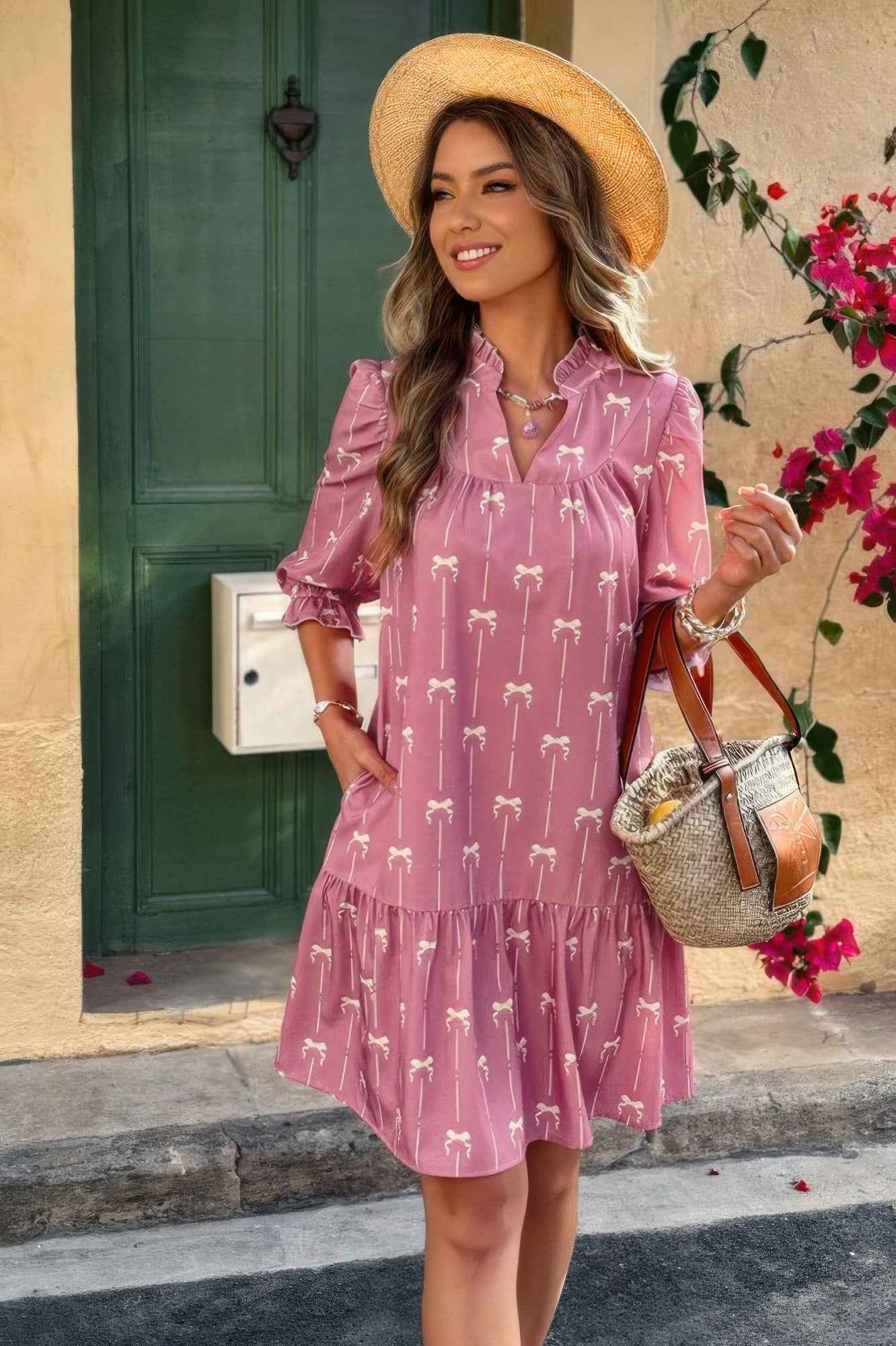 A Line Bow Ruffle V Neck Loose Fit Dress